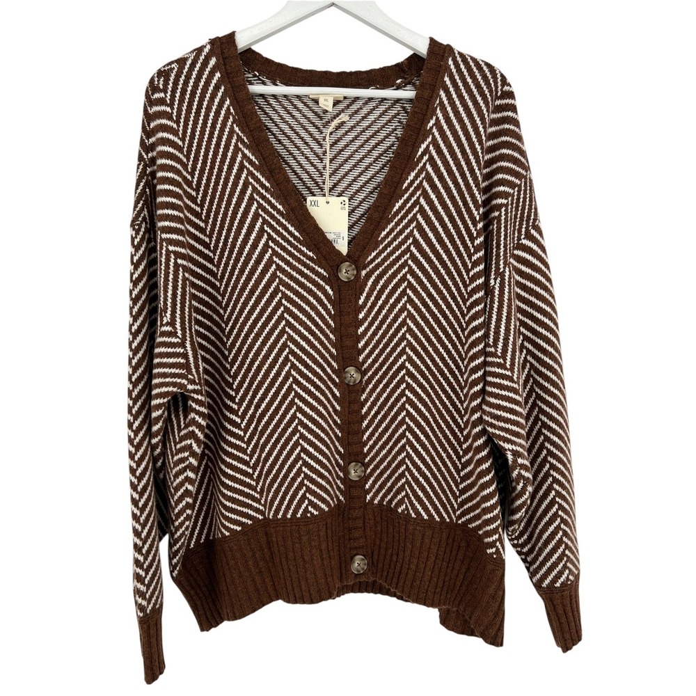 Ana Cardigan Sweater Women XXL Brown Chevron Button Front Grandmacore Cozy Fall